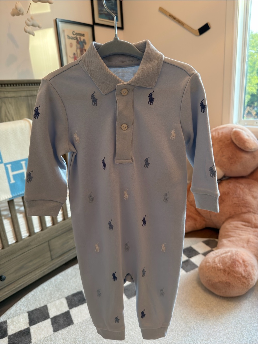 Ralph Lauren Light Blue Long-Sleeve Polo Romper with Embroidered Pony